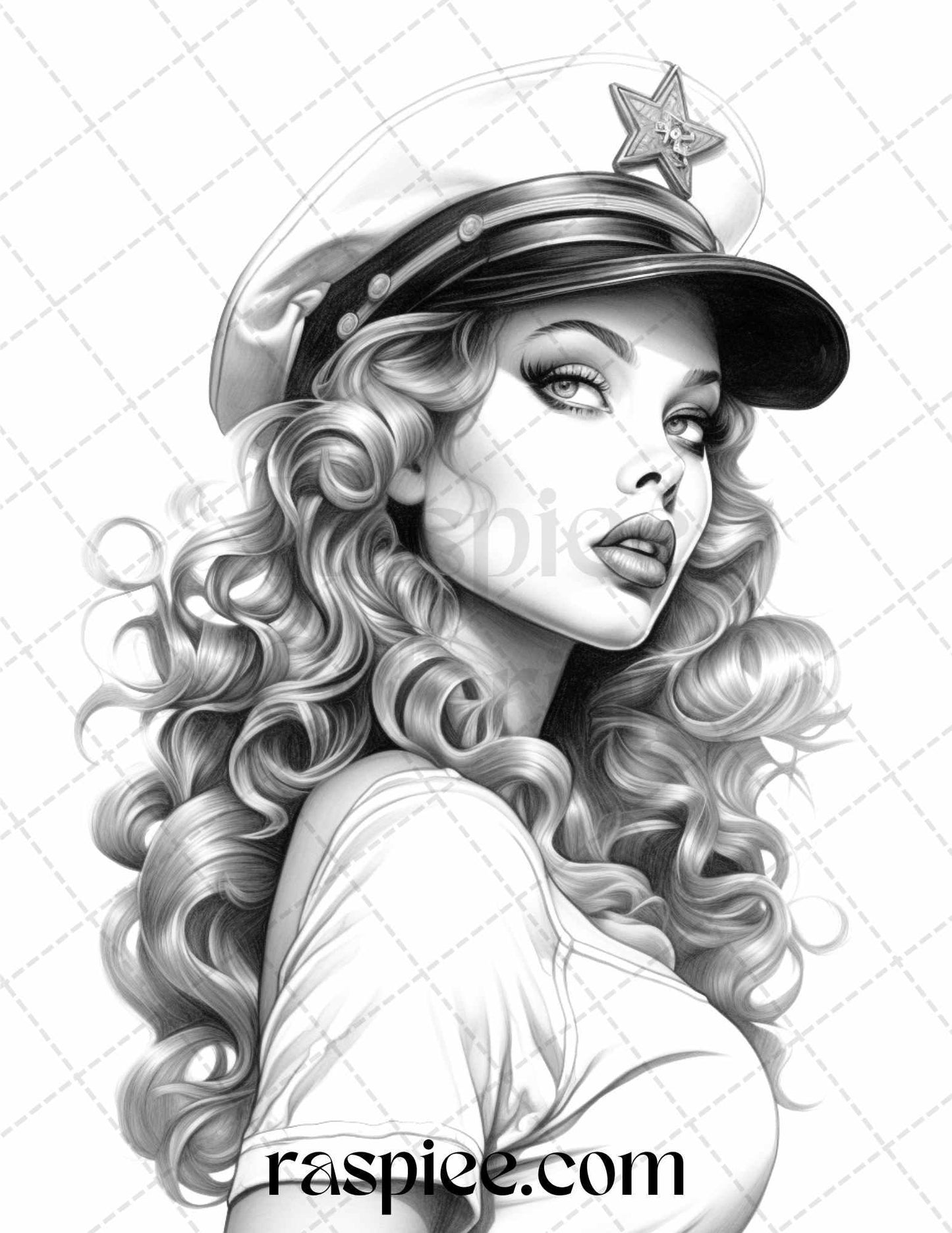 40 Sailor Pin Up Girls Grayscale Coloring Pages Printable for Adults, PDF File Instant Download