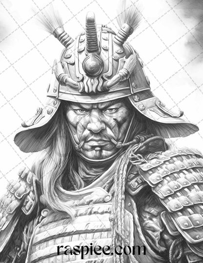 42 Japanese Samurai Grayscale Coloring Pages for Adults, Printable PDF File Instant Download