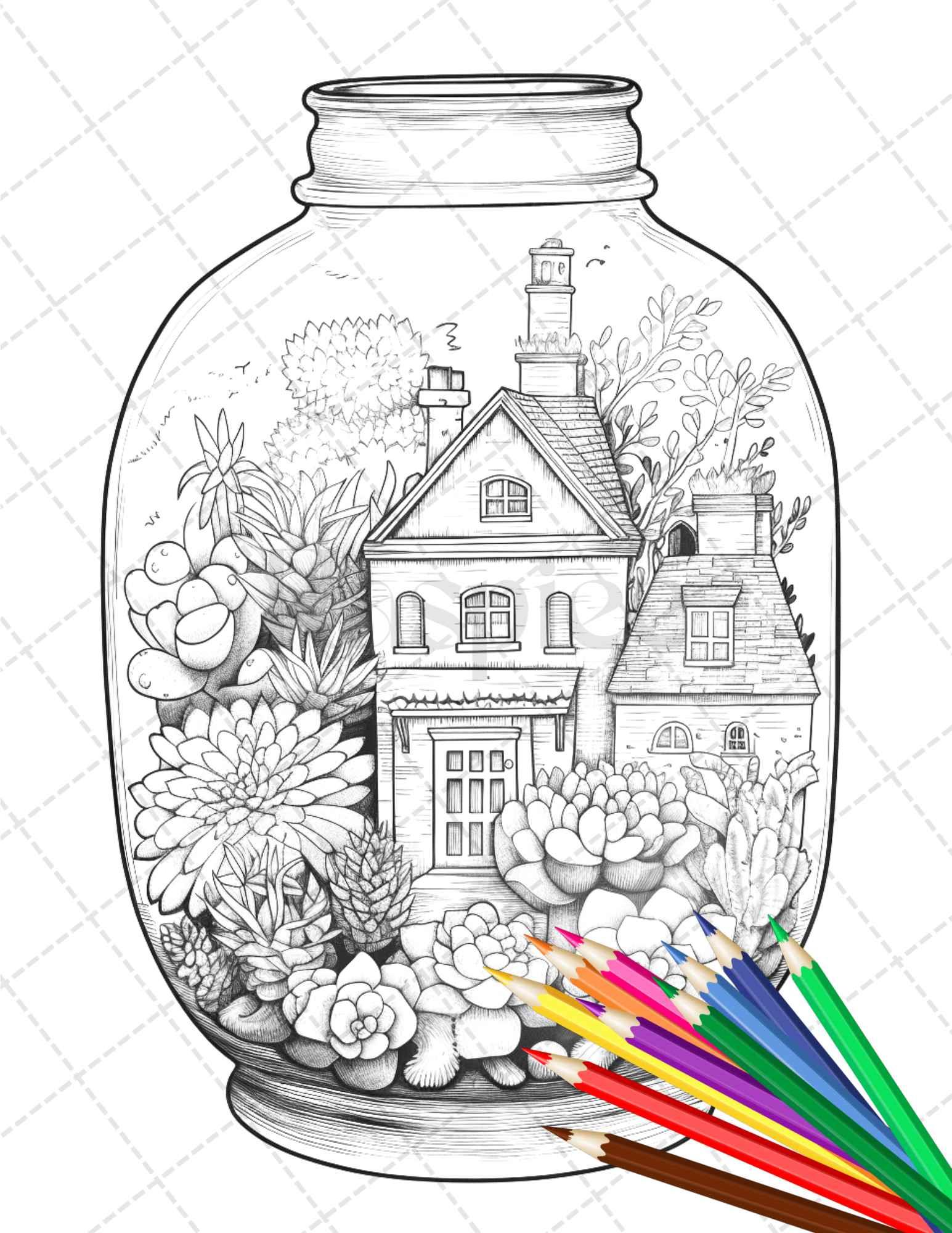 34 Enchanted Terrarium Grayscale Coloring Pages Printable for Adults, PDF File Instant Download