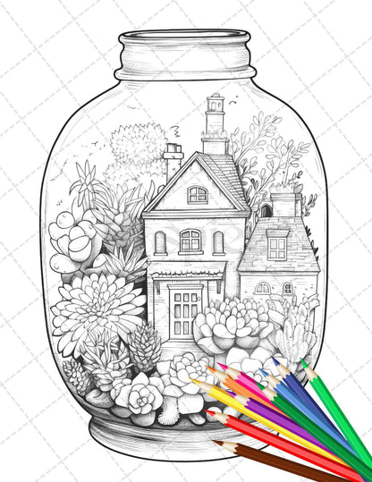 34 Enchanted Terrarium Grayscale Coloring Pages Printable for Adults, PDF File Instant Download