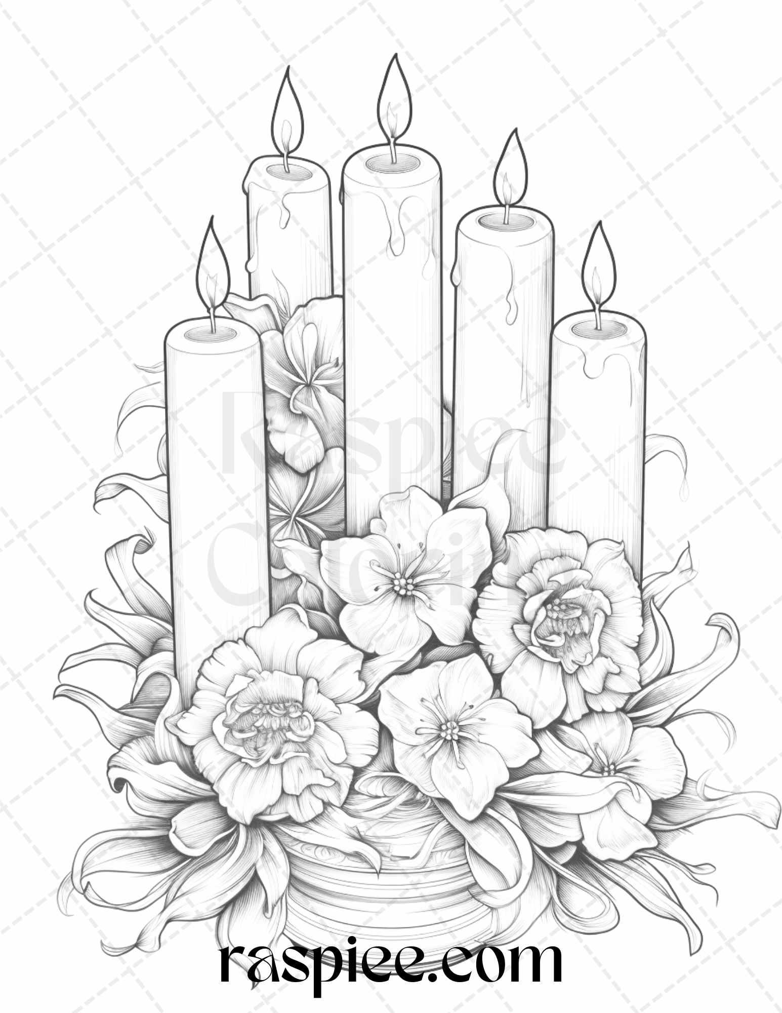 40 Flower Candles Grayscale Coloring Pages Printable for Adults, PDF File Instant Download