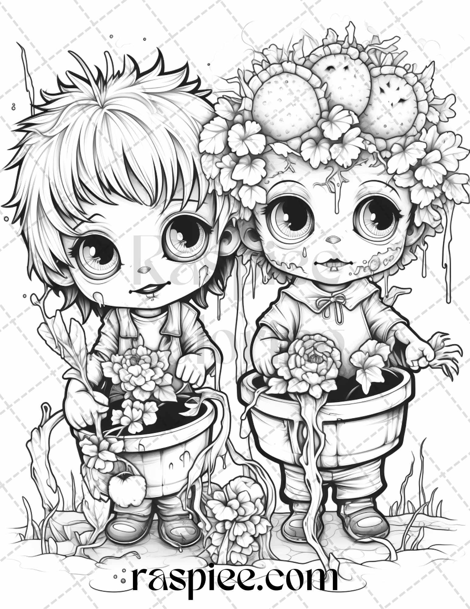 40 Halloween Creepy Kawaii Grayscale Coloring Pages for Adults and Kids, Printable PDF File Instant Download