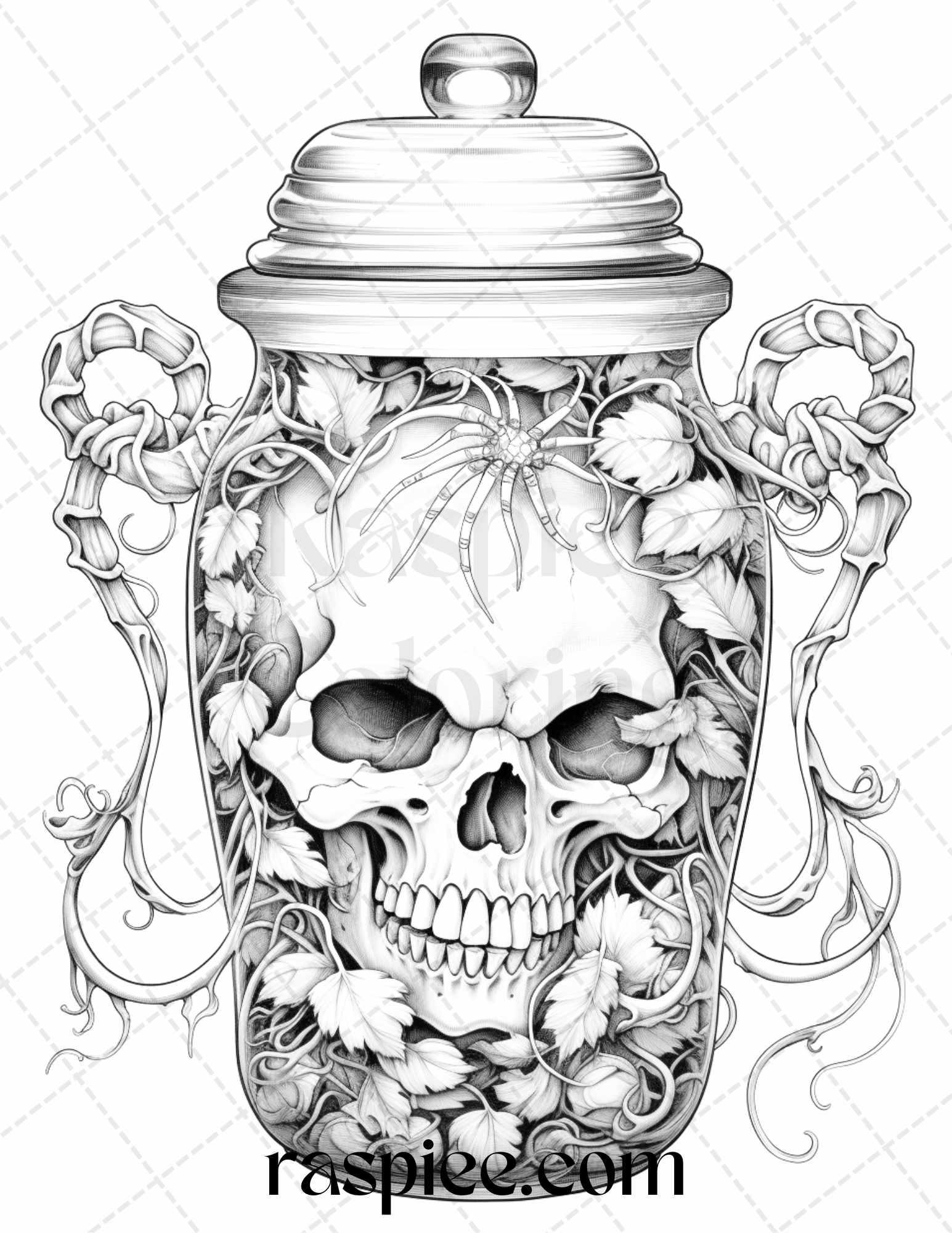 40 Halloween in Jar Grayscale Coloring Pages for Adults, Printable PDF File Instant Download