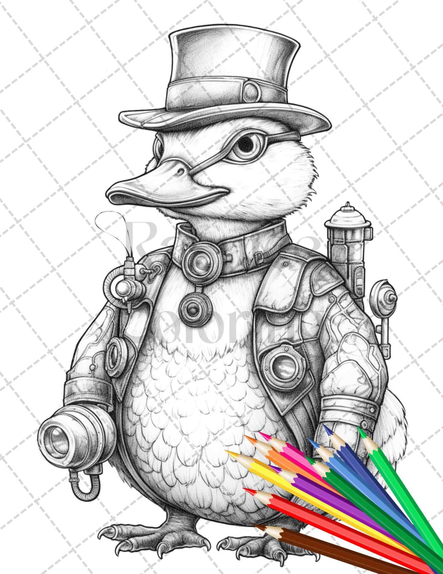 45 Steampunk Animals Grayscale Coloring Pages Printable for Adults Vol. 2, PDF File Instant Download