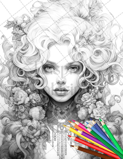 40 Beautiful Gothic Girls Grayscale Coloring Pages Printable for Adults, PDF File Instant Download