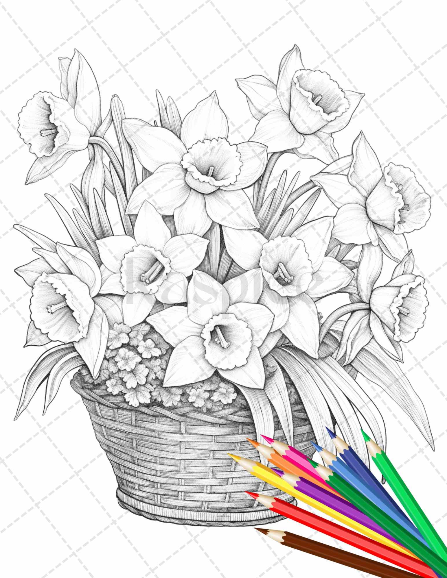 30 Flower Baskets Grayscale Coloring Pages for Adults, PDF File Instant Download