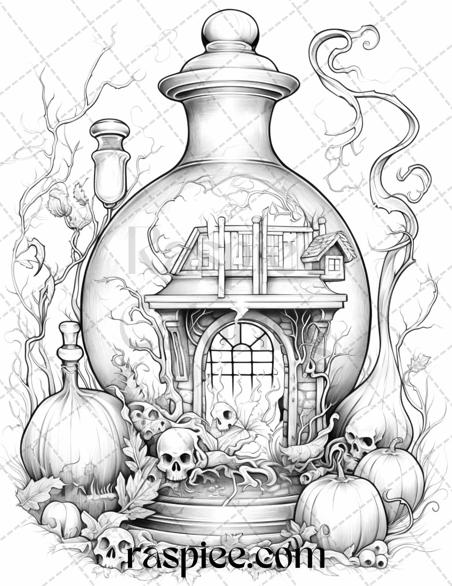 40 Mystical Magic Potions Grayscale Coloring Pages Printable for Adults, PDF File Instant Download