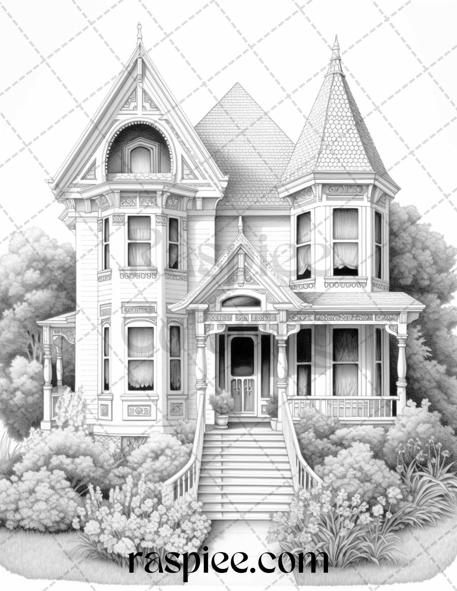 40 Victorian Houses Grayscale Coloring Pages Printable for Adults, PDF File Instant Download