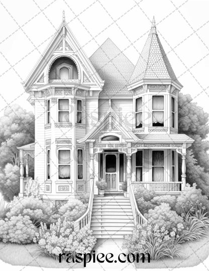 40 Victorian Houses Grayscale Coloring Pages Printable for Adults, PDF File Instant Download