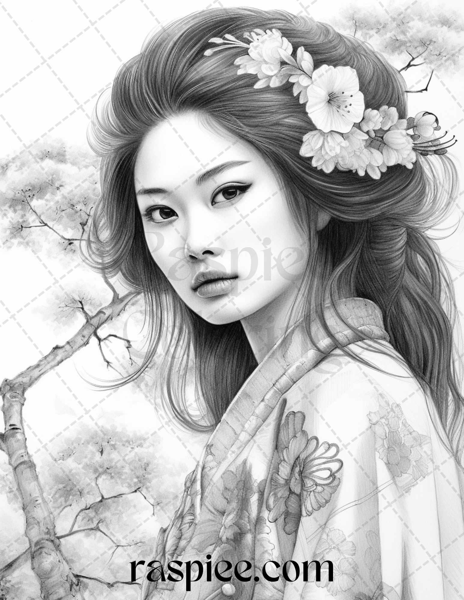 40 Beautiful Japanese Girls Grayscale Coloring Pages Printable for Adults, PDF File Instant Download