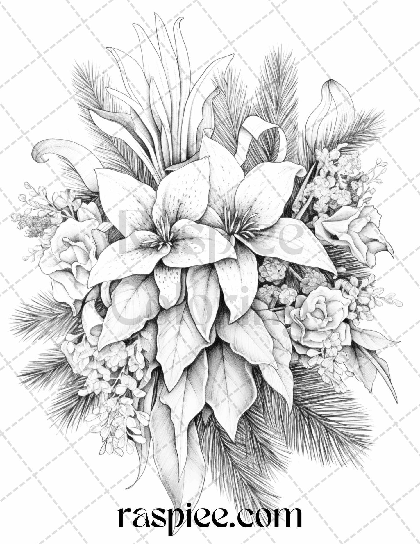 45 Christmas Flowers Grayscale Coloring Pages Printable for Adults, PDF File Instant Download