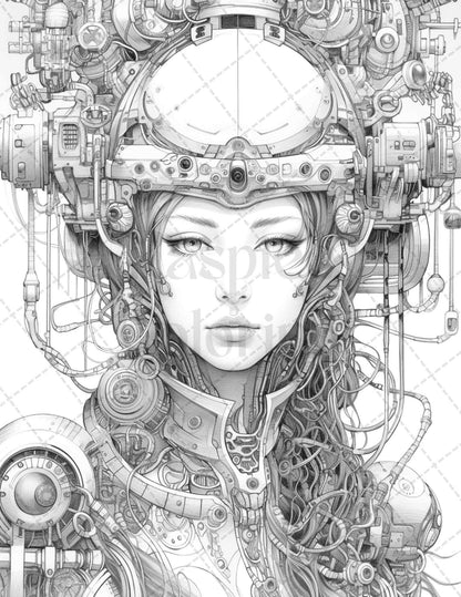 40 Beautiful Cyborg Girls Grayscale Coloring Pages Printable for Adults, PDF File Instant Download