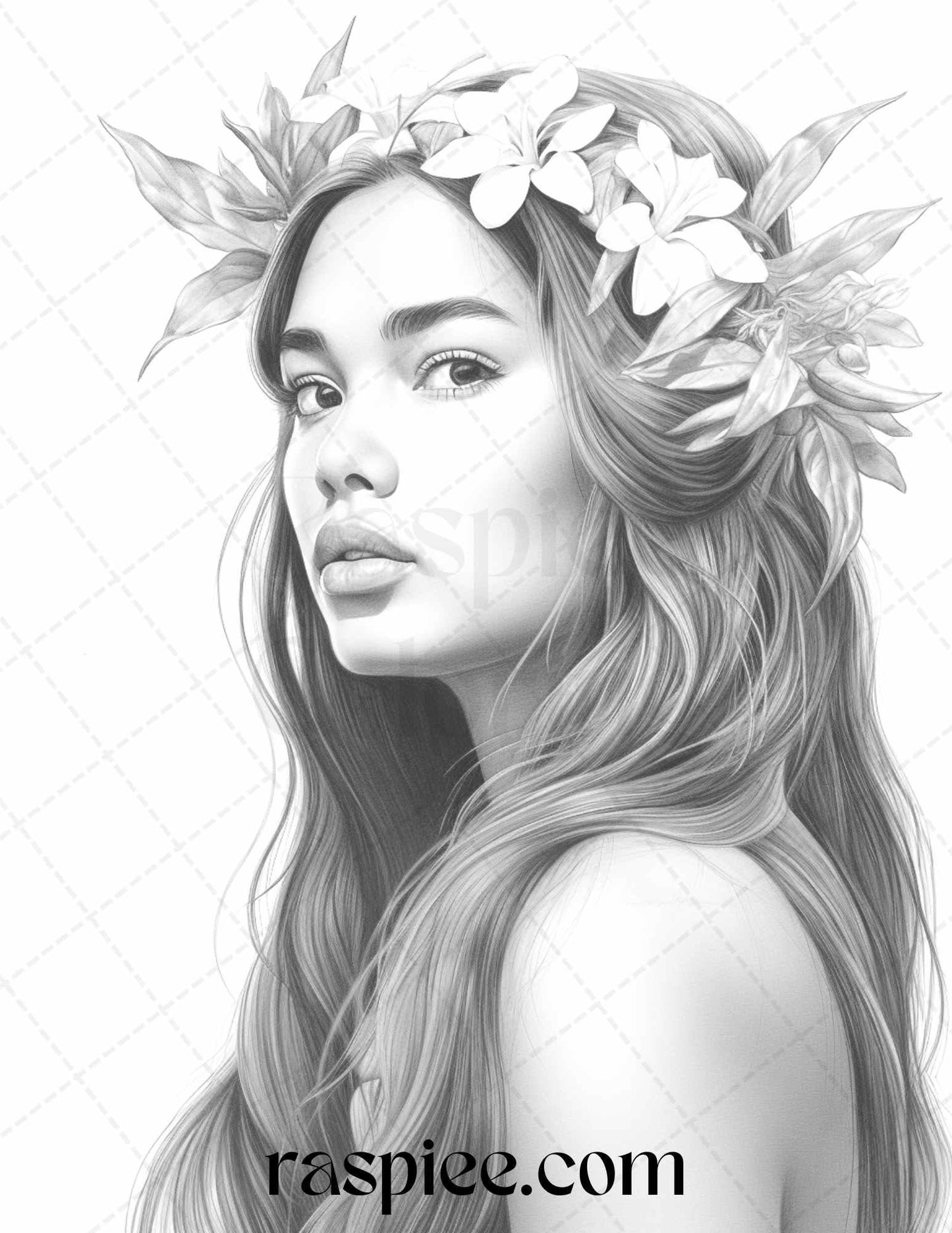 40 Hawaiian Girls Grayscale Coloring Pages Printable for Adults, PDF File Instant Download