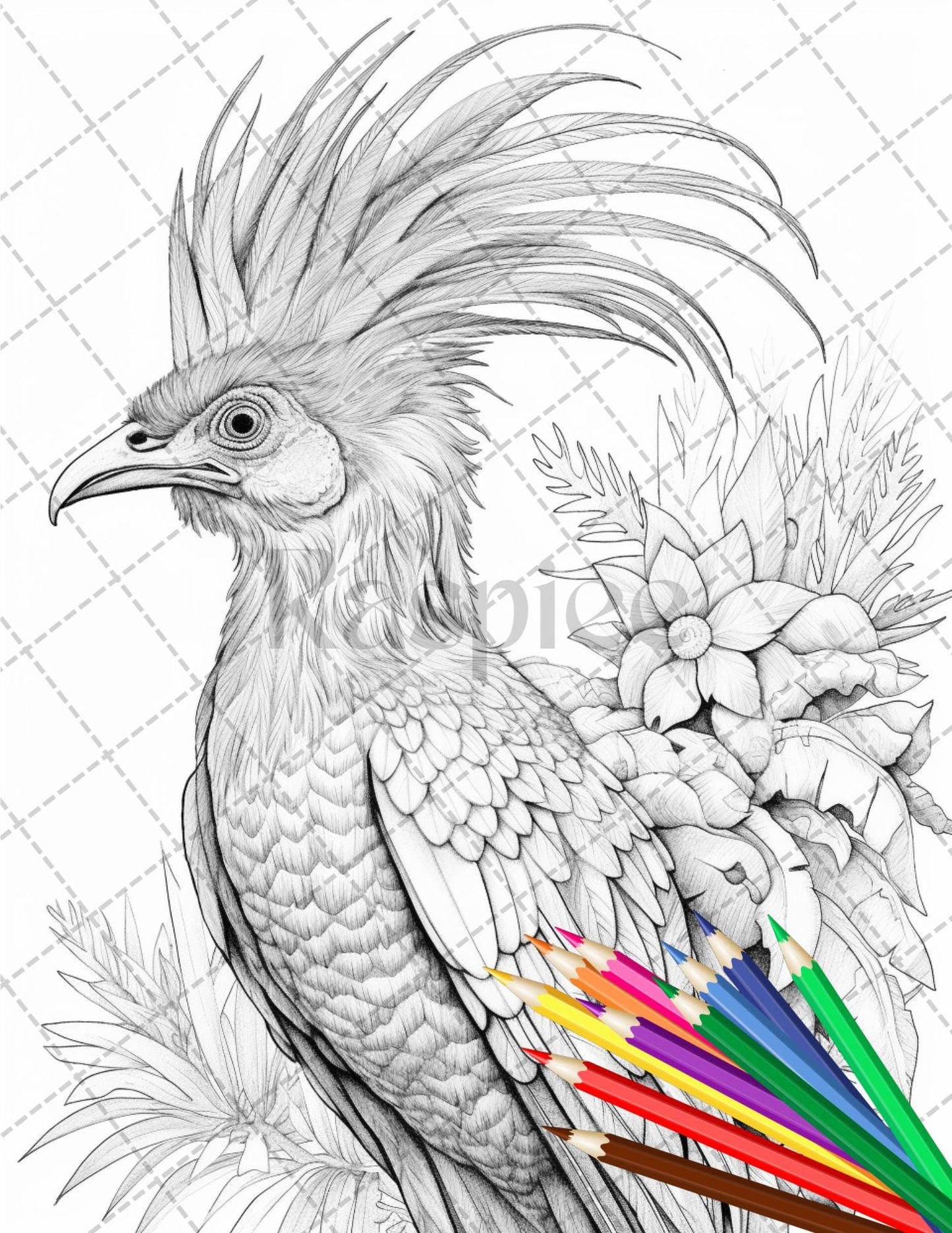 31 Tropical Birds Coloring Book for Adults, Grayscale Coloring Page, Printable PDF Instant Download