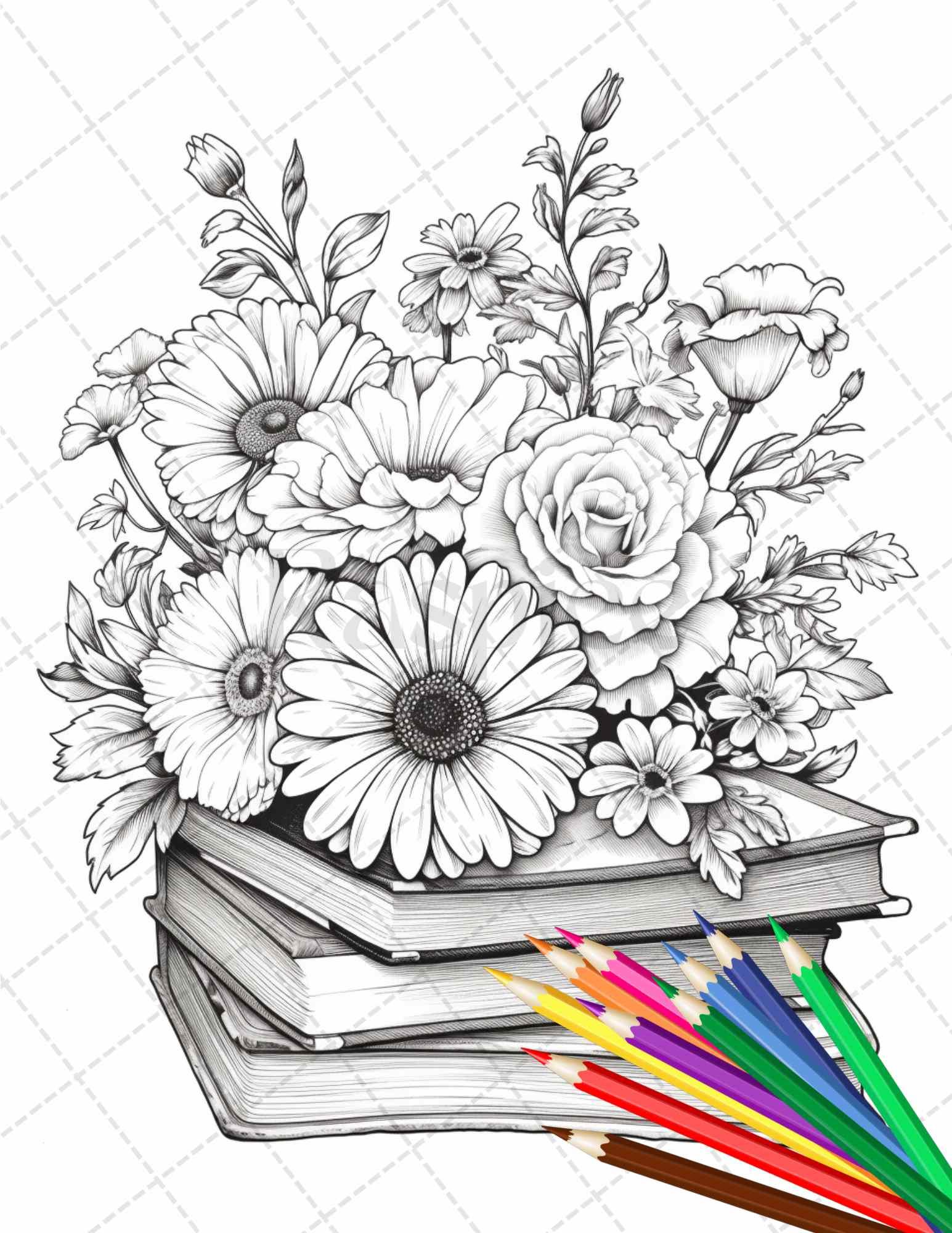 31 Book Flowers Coloring Pages Printable for Adults, Grayscale Coloring Page, PDF File Instant Download