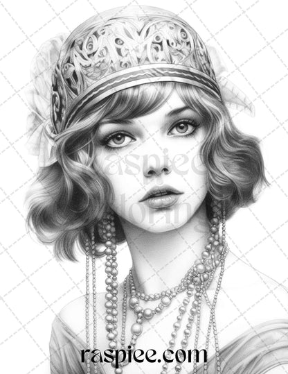 40 Beautiful Gatsby Girls Grayscale Coloring Pages Printable for Adults, PDF File Instant Download