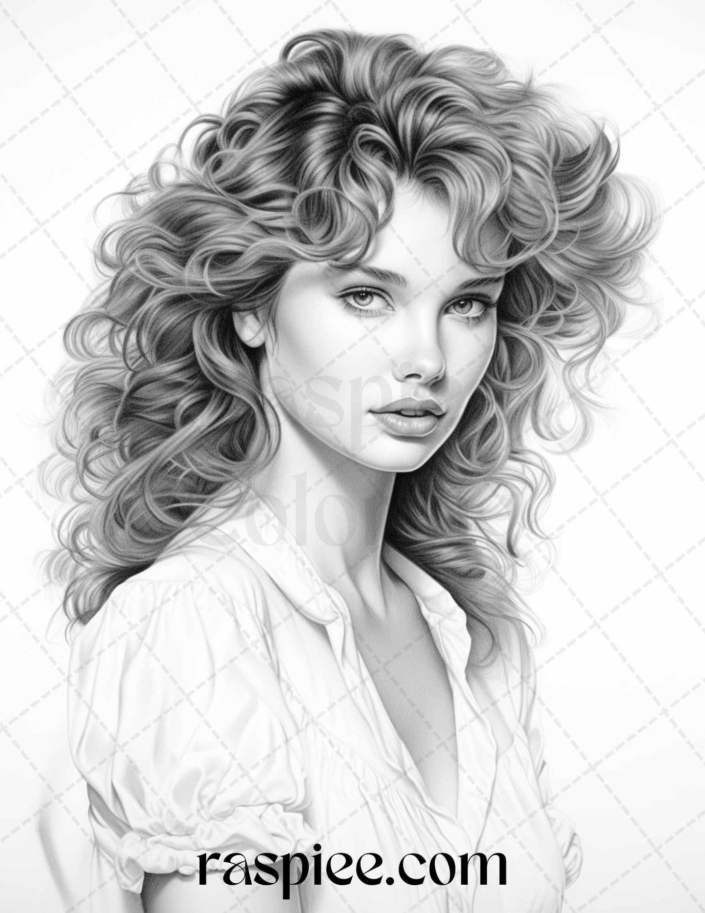 1980s Retro Beautiful Women Grayscale Coloring Pages for Adults, PDF File Instant Download