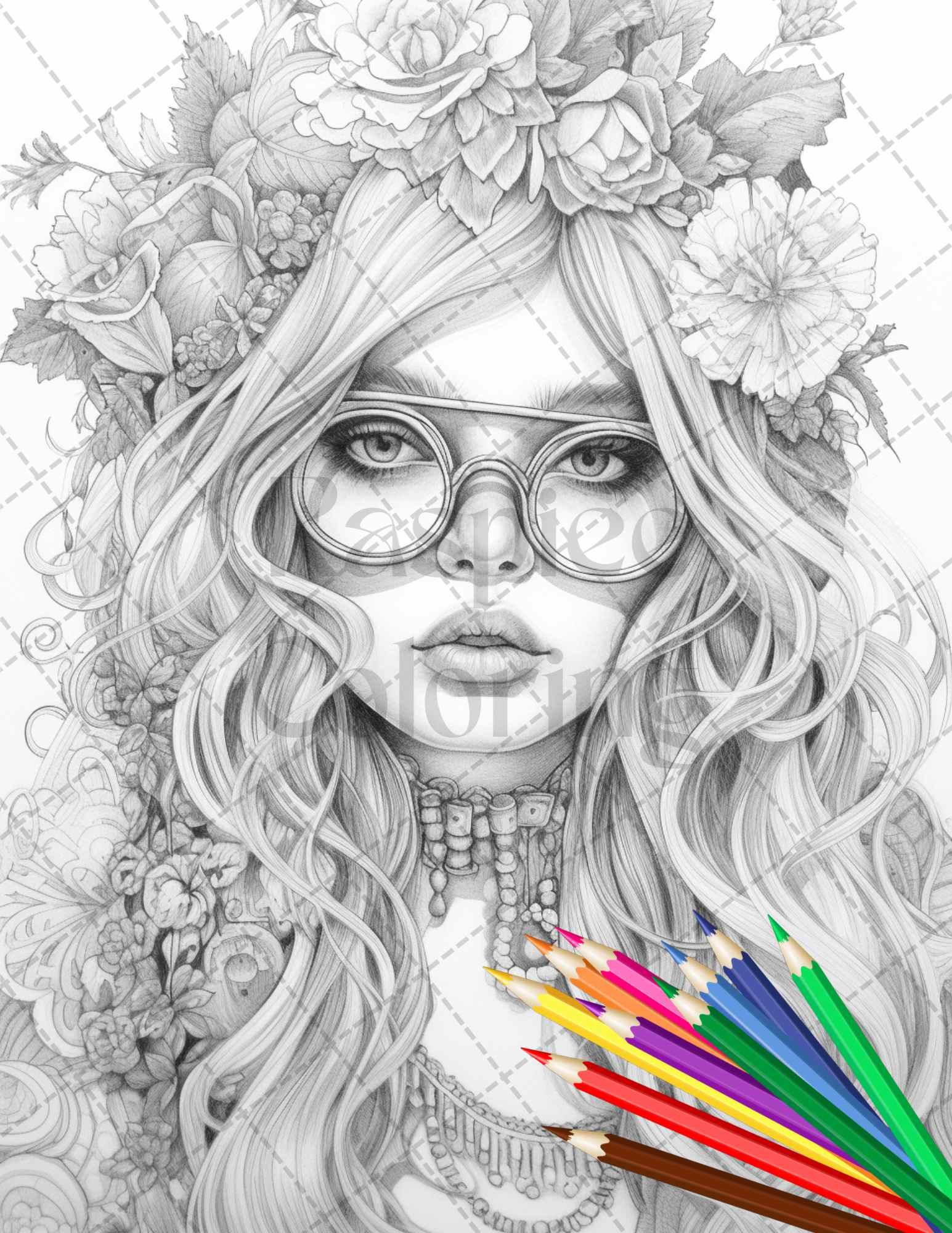 43 Beautiful Hippie Girls Grayscale Coloring Pages Printable for Adults, PDF File Instant Download