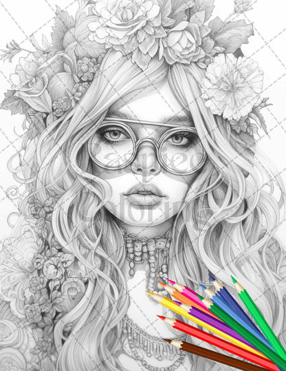 43 Beautiful Hippie Girls Grayscale Coloring Pages Printable for Adults, PDF File Instant Download