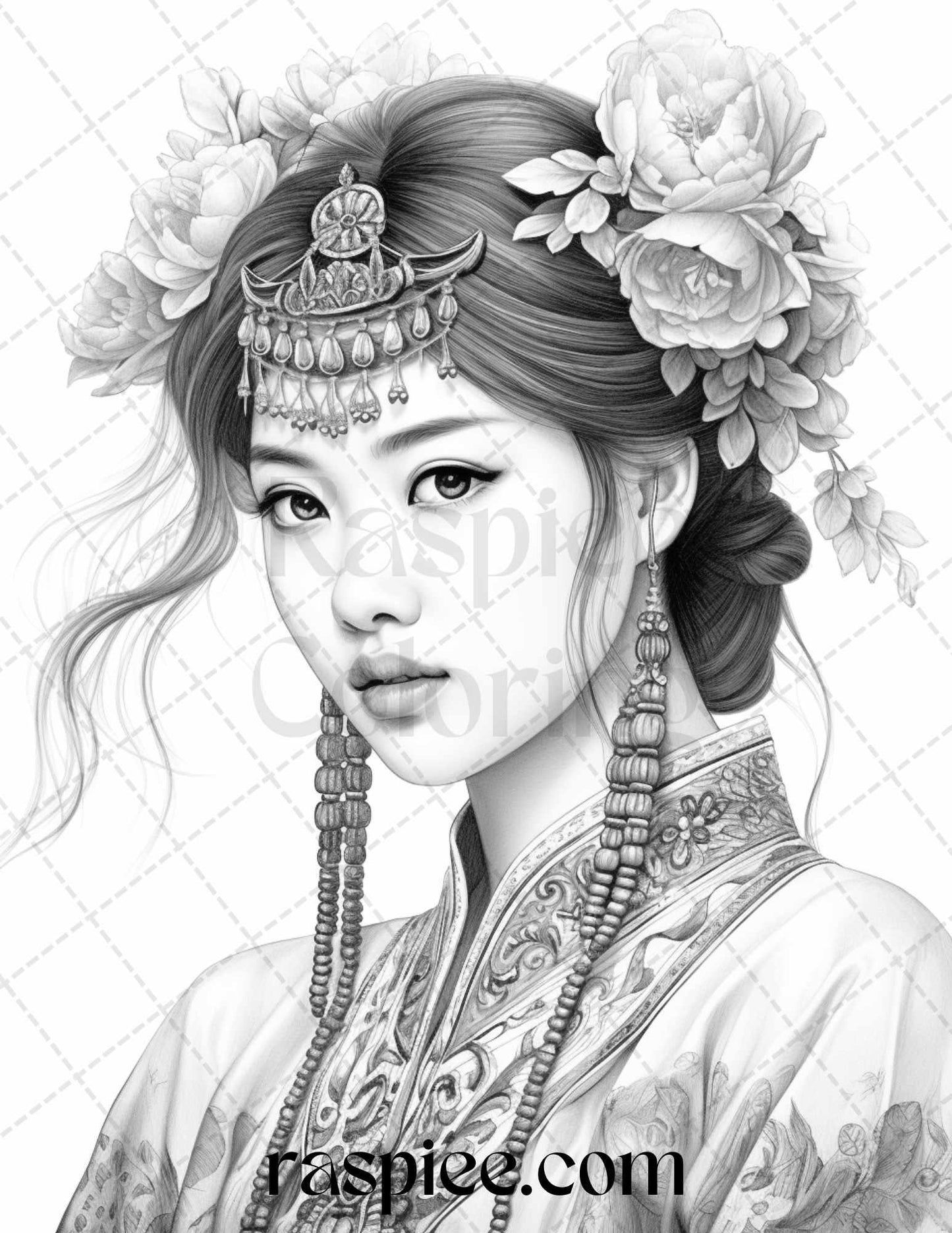 40 Beautiful Chinese Girls Grayscale Coloring Pages for Adults, Printable PDF File Instant Download