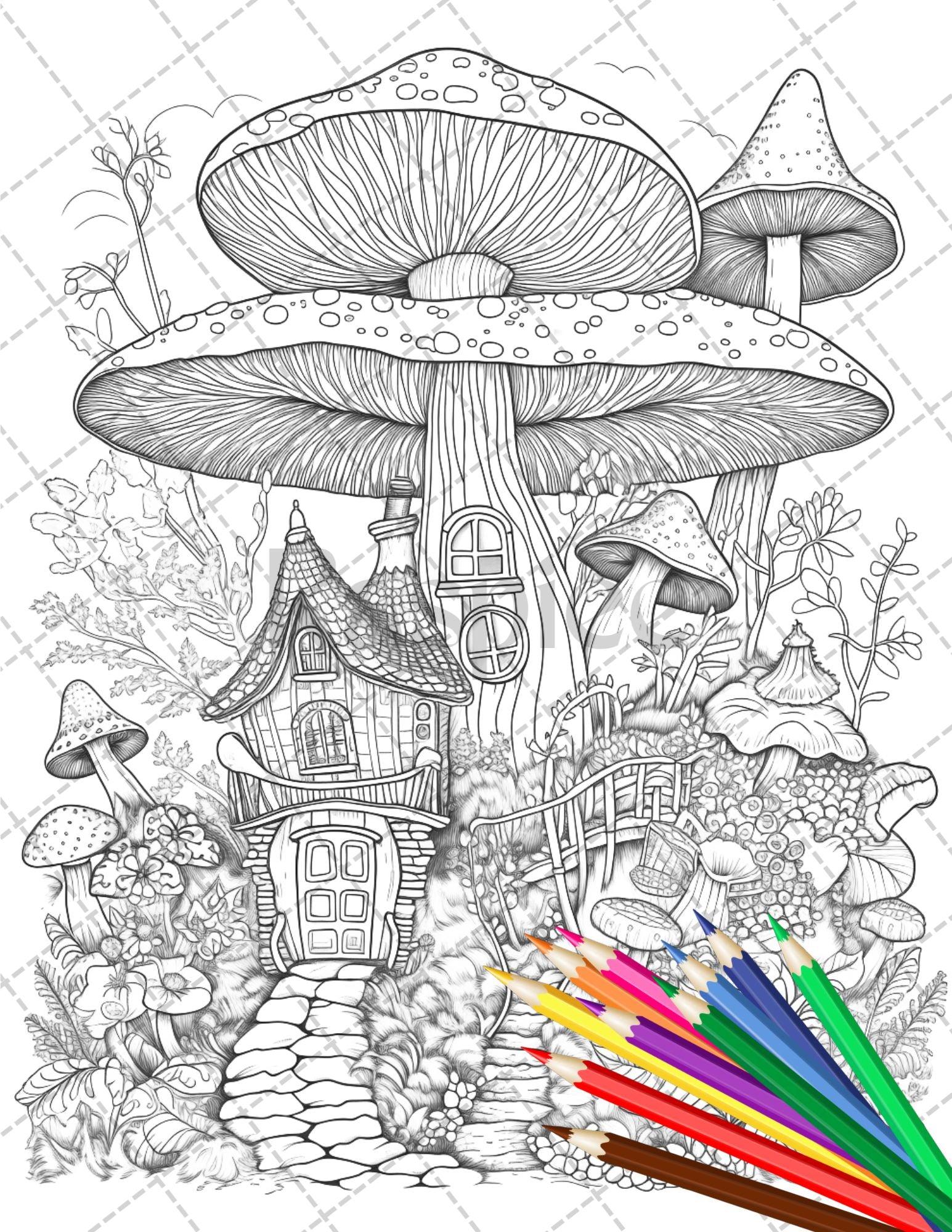 32 Whimsical Mushroom House Coloring Pages for Adults, Grayscale Coloring Book, Printable PDF File Download