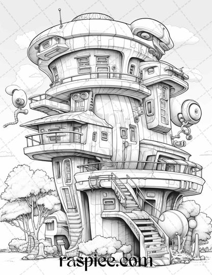 43 Futuristic Houses Grayscale Coloring Pages Printable for Adults, PDF File Instant Download