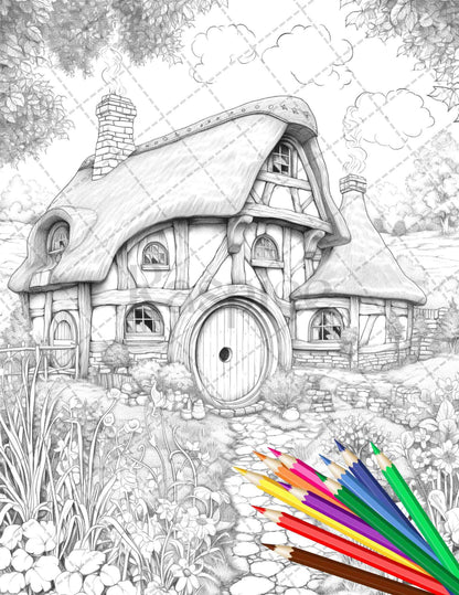 43 Enchanted Hobbiton Houses Grayscale Coloring Pages Printable for Adults, PDF File Instant Download