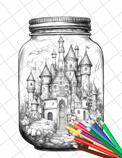 42 Fantasy Castle In Jar Grayscale Coloring Pages Printable for Adults, PDF File Instant Download