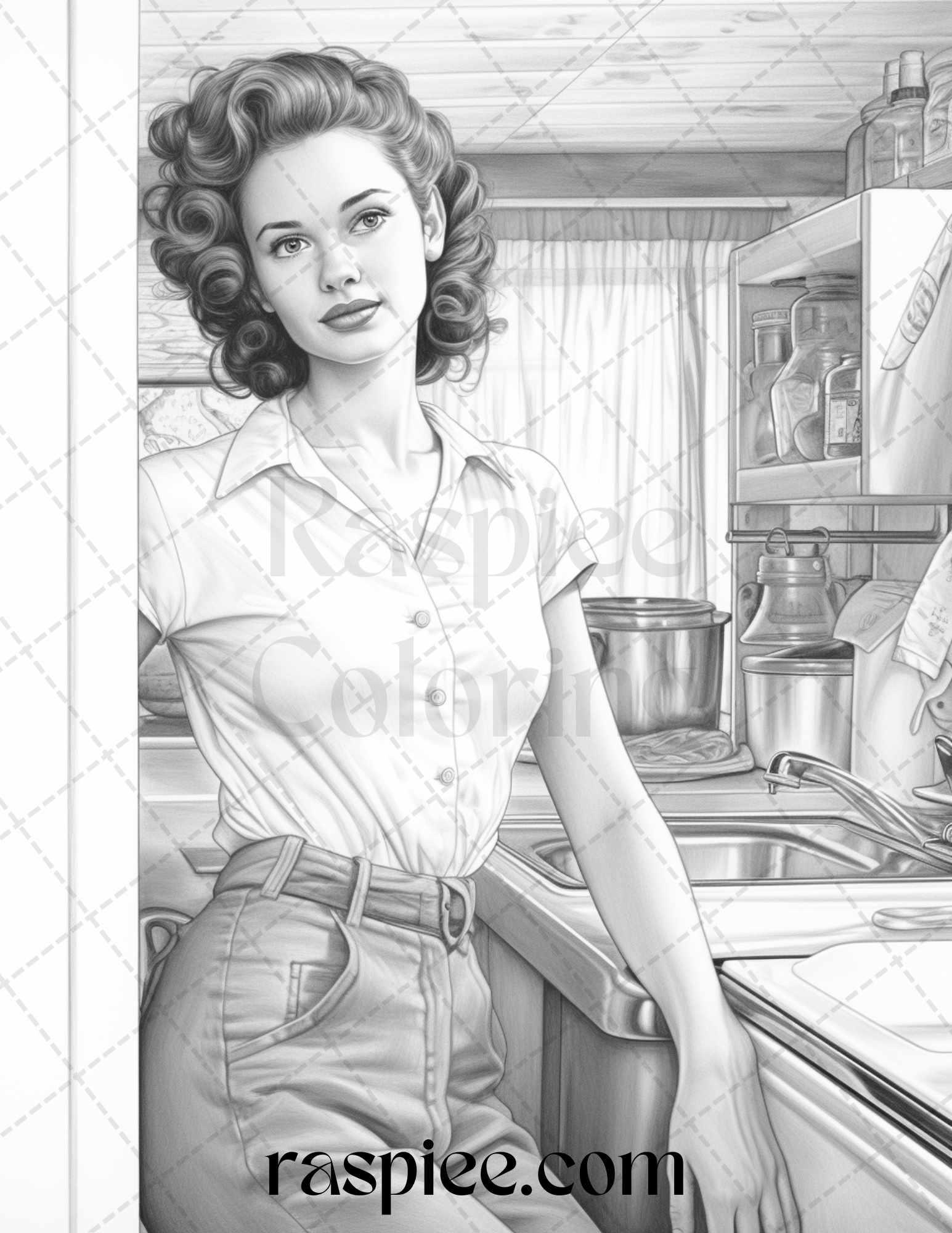 40 Retro Housewives Grayscale Coloring Pages for Adults, Printable PDF File Instant Download