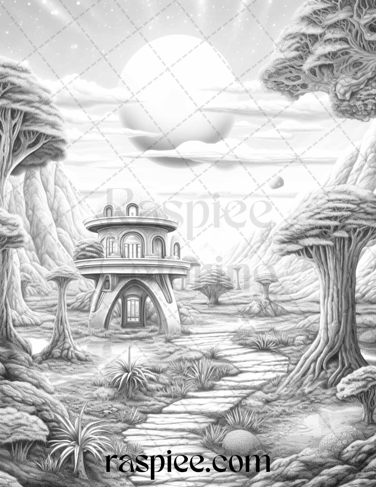 40 Alien Houses Grayscale Coloring Pages for Adults, Printable PDF File Instant Download