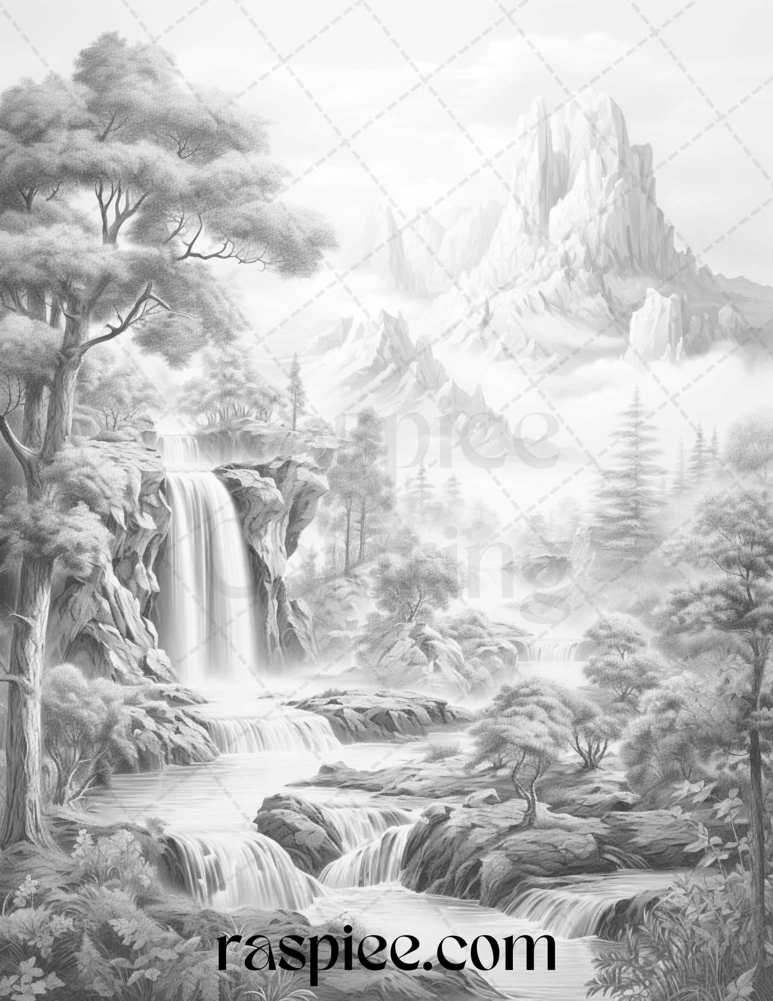 40 Fantasy Landscapes Grayscale Coloring Pages Printable for Adults, PDF File Instant Download