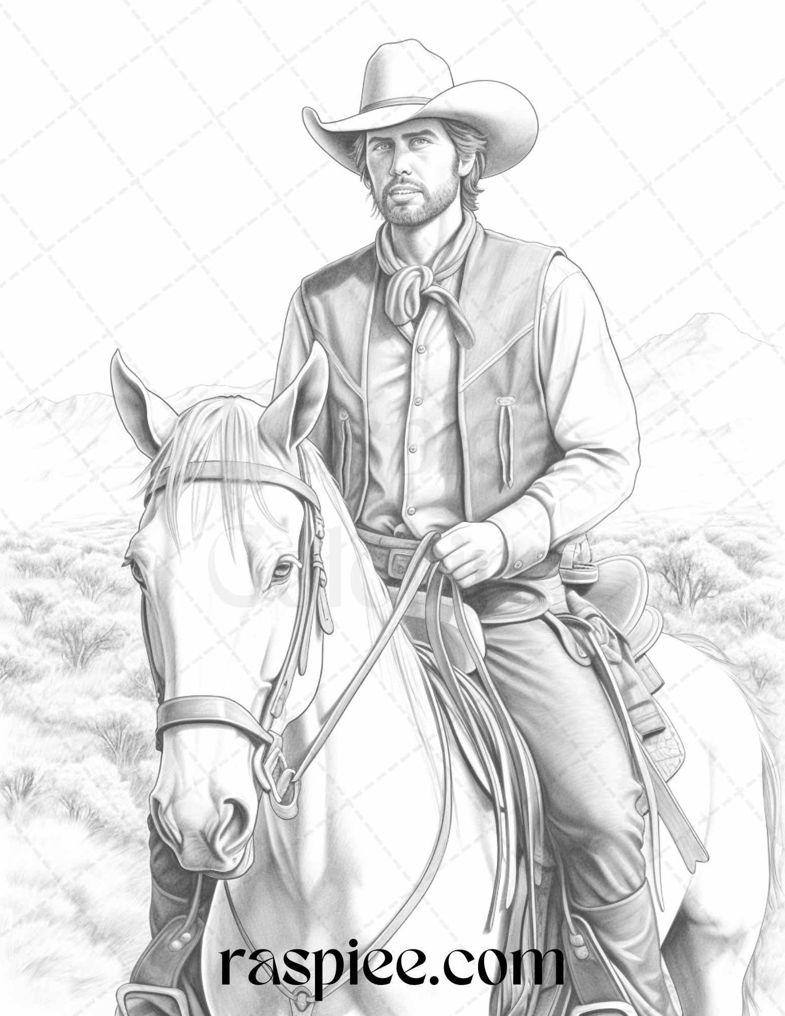 45 Wild West Cowboys Grayscale Coloring Pages Printable for Adults, PDF File Instant Download