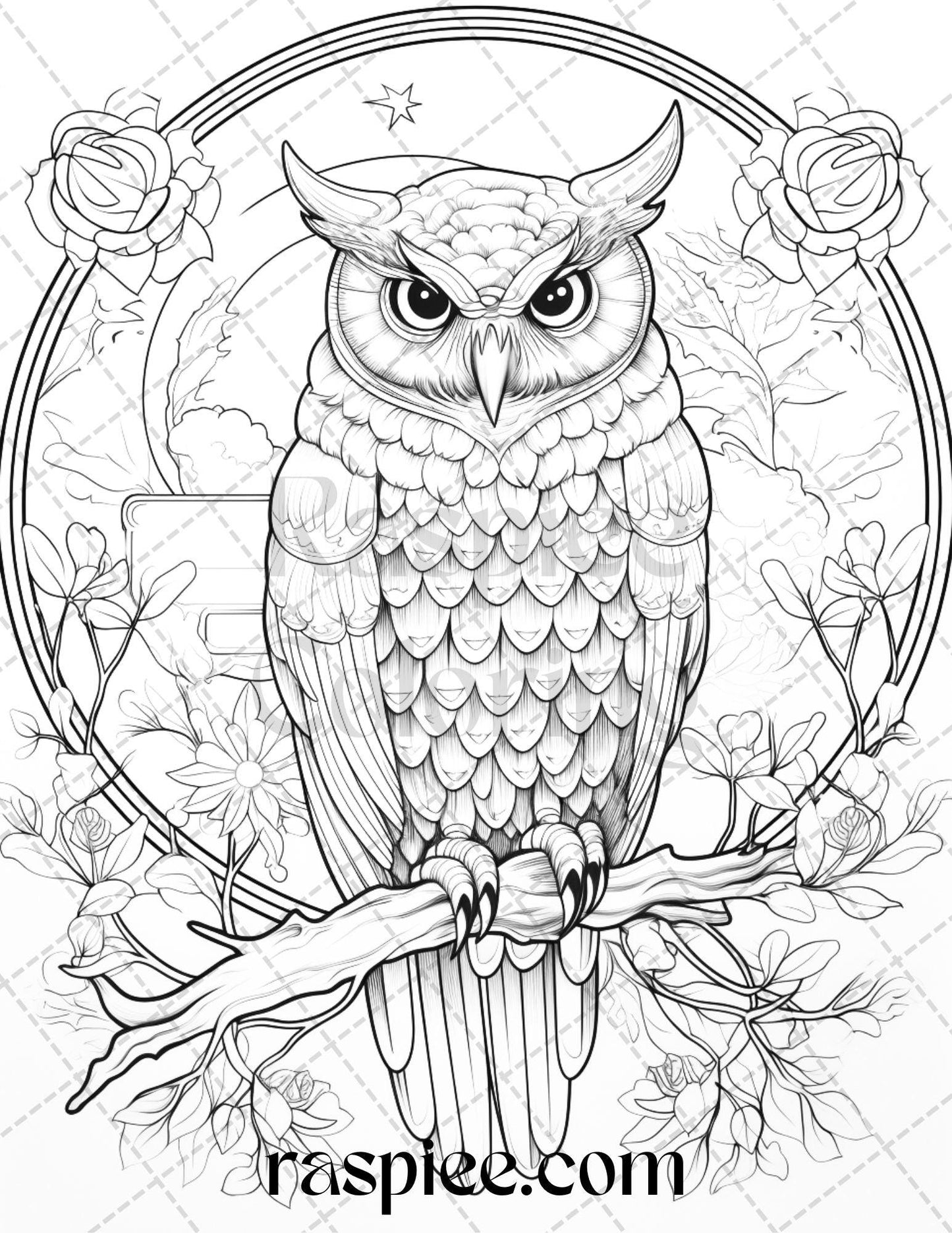 40 Floral Owl Grayscale Printable Coloring Pages for Adults, PDF File Instant Download