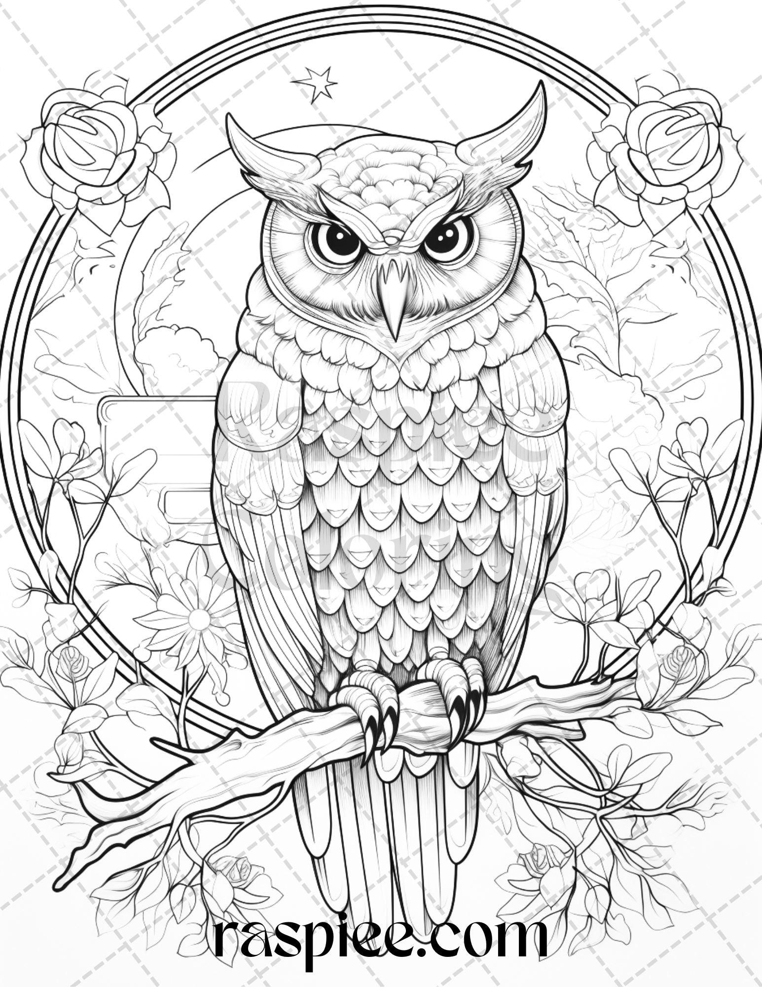 40 Floral Owl Grayscale Printable Coloring Pages for Adults, PDF File Instant Download