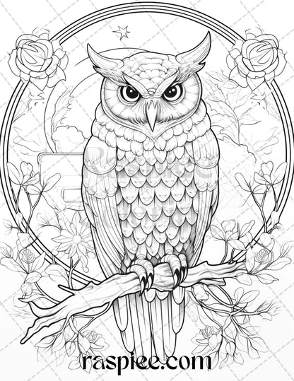 40 Floral Owl Grayscale Printable Coloring Pages for Adults, PDF File Instant Download