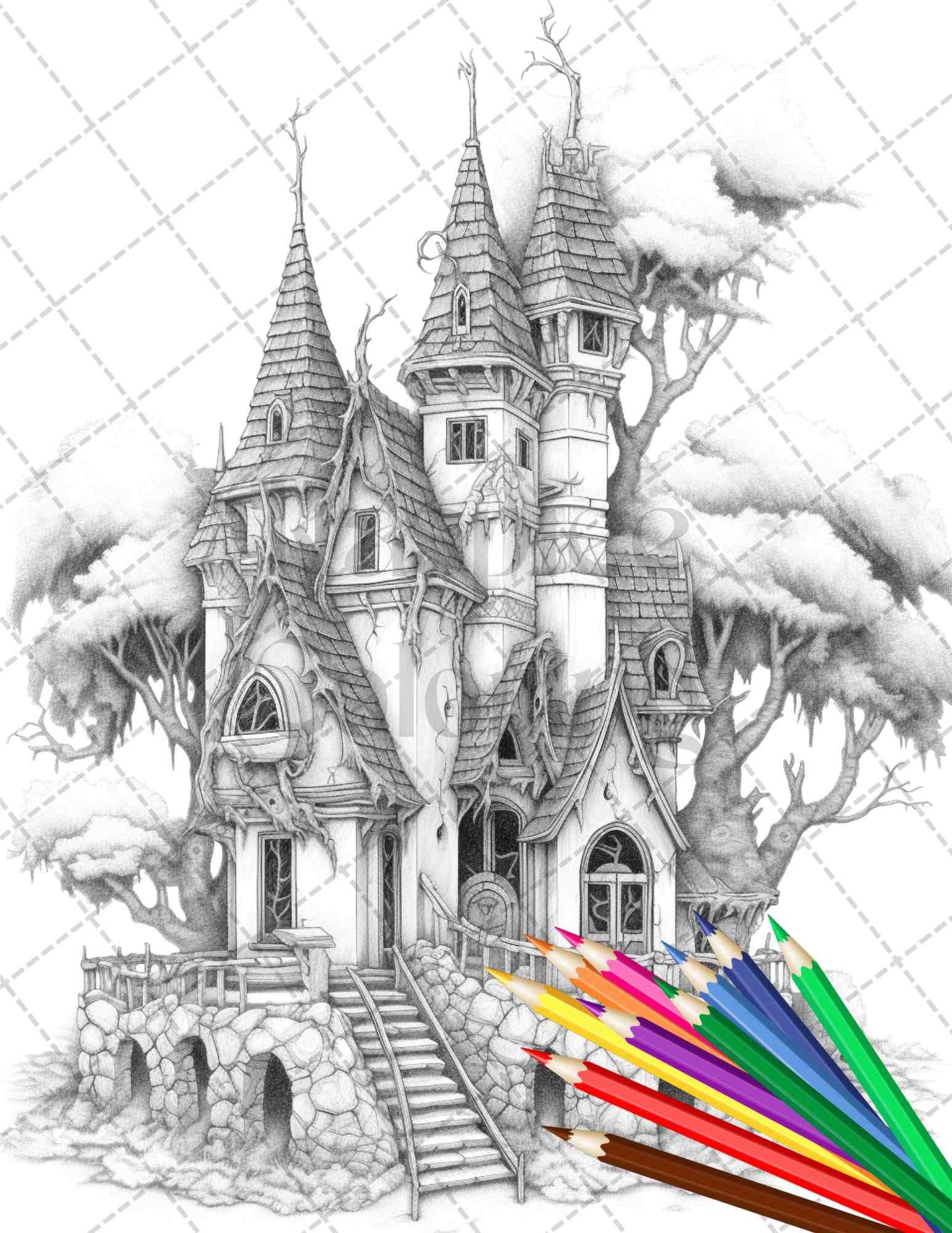 40 Creepy Gothic Houses Grayscale Coloring Pages Printable for Adults, PDF File Instant Download