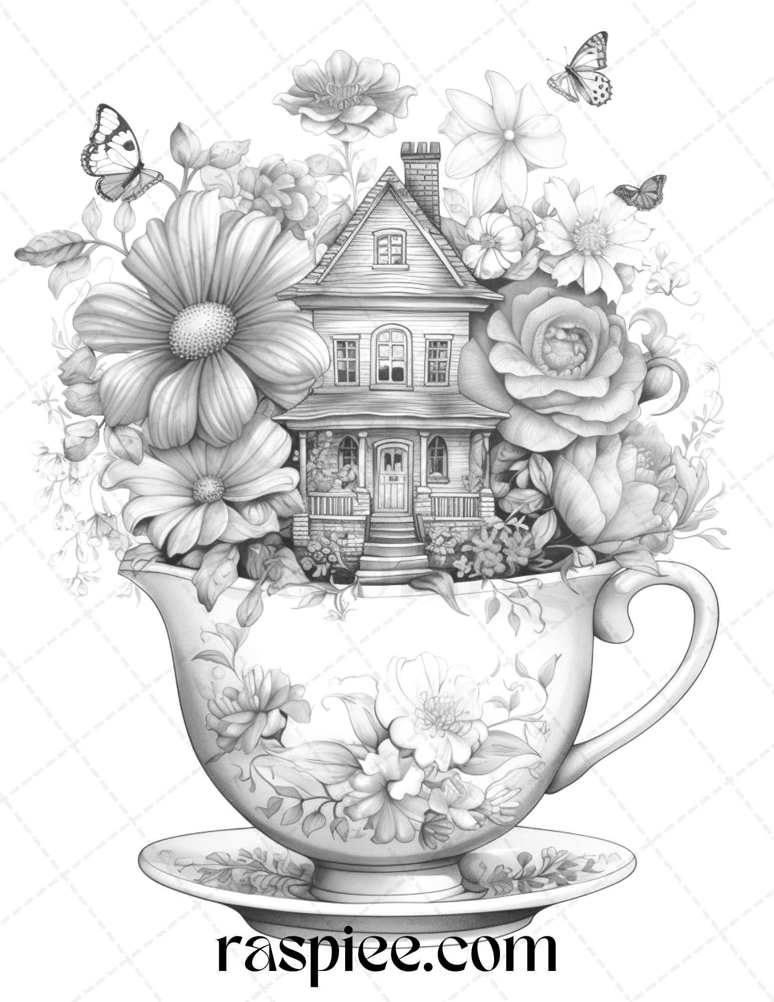 40 Flower Teacup Fairy Houses Grayscale Coloring Pages Printable for Adults, PDF File Instant Download