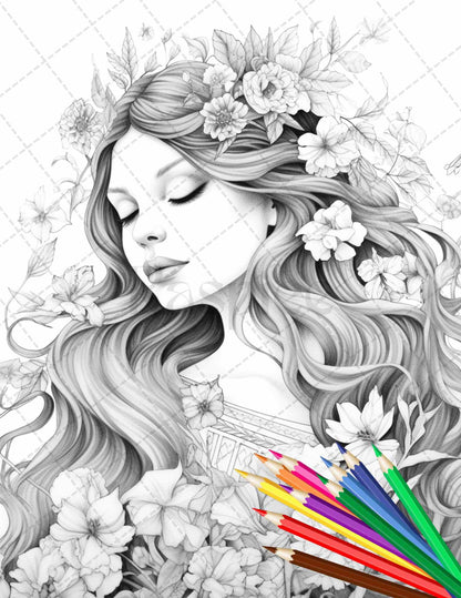 38 Flower Goddess Coloring Pages Printable for Adults, Grayscale Coloring Page, PDF File Instant Download