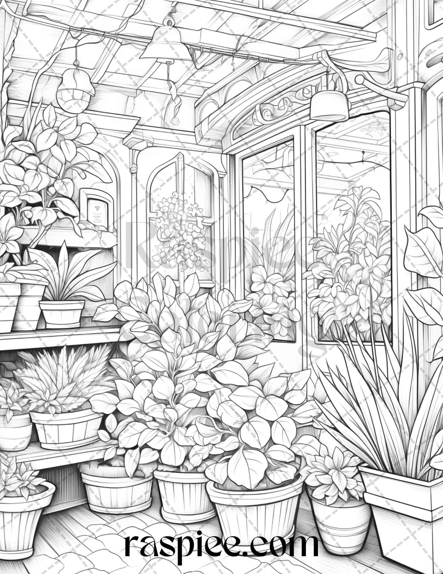 45 Flower Store Front Grayscale Coloring Pages Printable for Adults, PDF File Instant Download