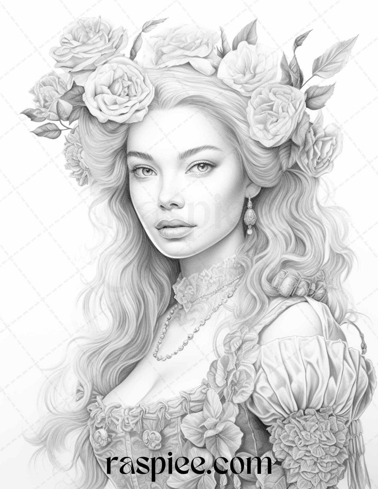 40 Baroque Women Portrait Grayscale Adult Coloring Pages Printable, PDF File Instant Download