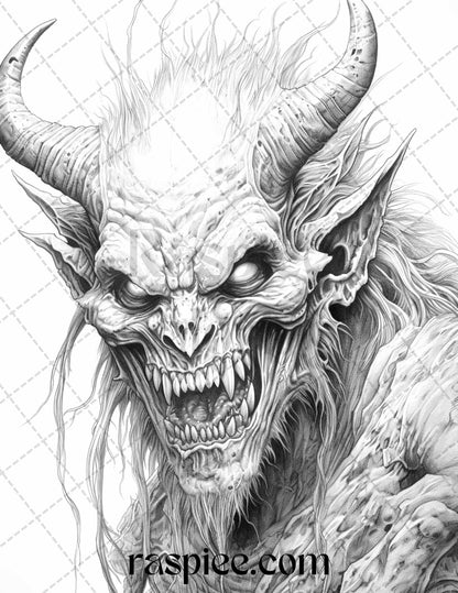 43 Fantasy Demons Grayscale Coloring Pages for Adults, Printable PDF File Instant Download