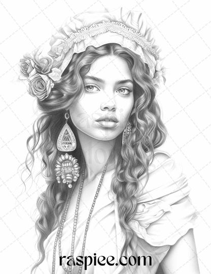 40 Beautiful Gypsy Girls Grayscale Coloring Pages Printable for Adults, PDF File Instant Download