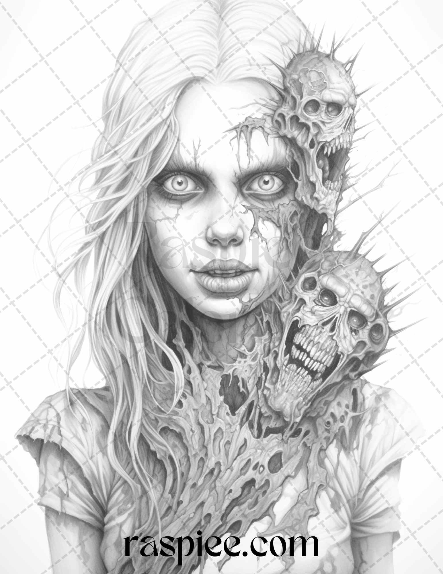 40 Scary Zombie Girls Grayscale Coloring Pages Printable for Adults, PDF File Instant Download