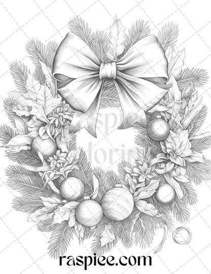 40 Christmas Wreath Grayscale Coloring Pages Printable for Adults, PDF File Instant Download