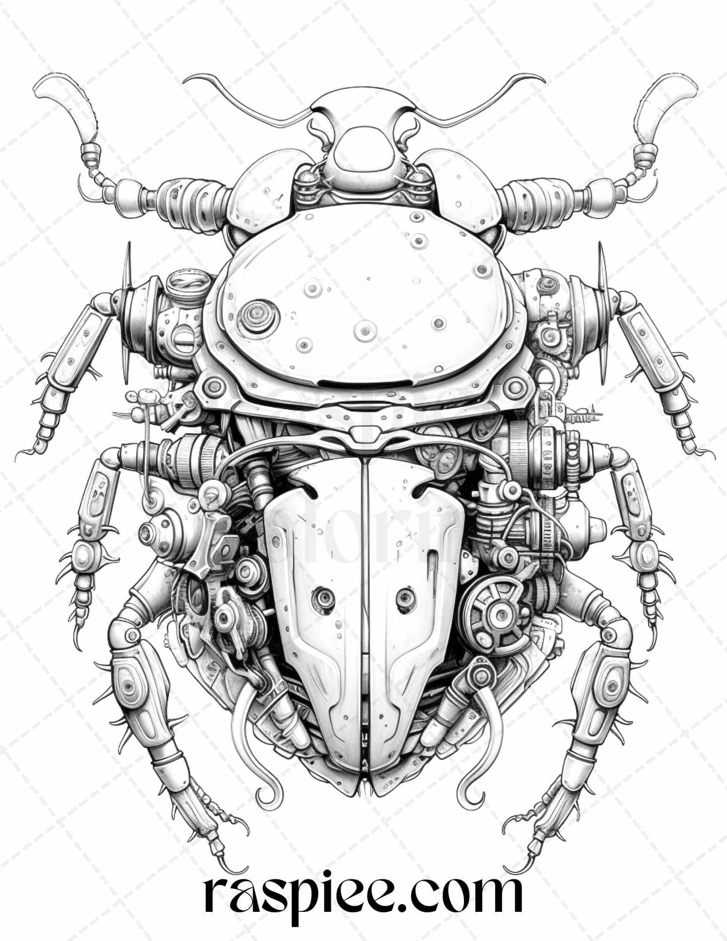 42 Steampunk Bugs Grayscale Coloring Pages Printable for Adults, PDF File Instant Download