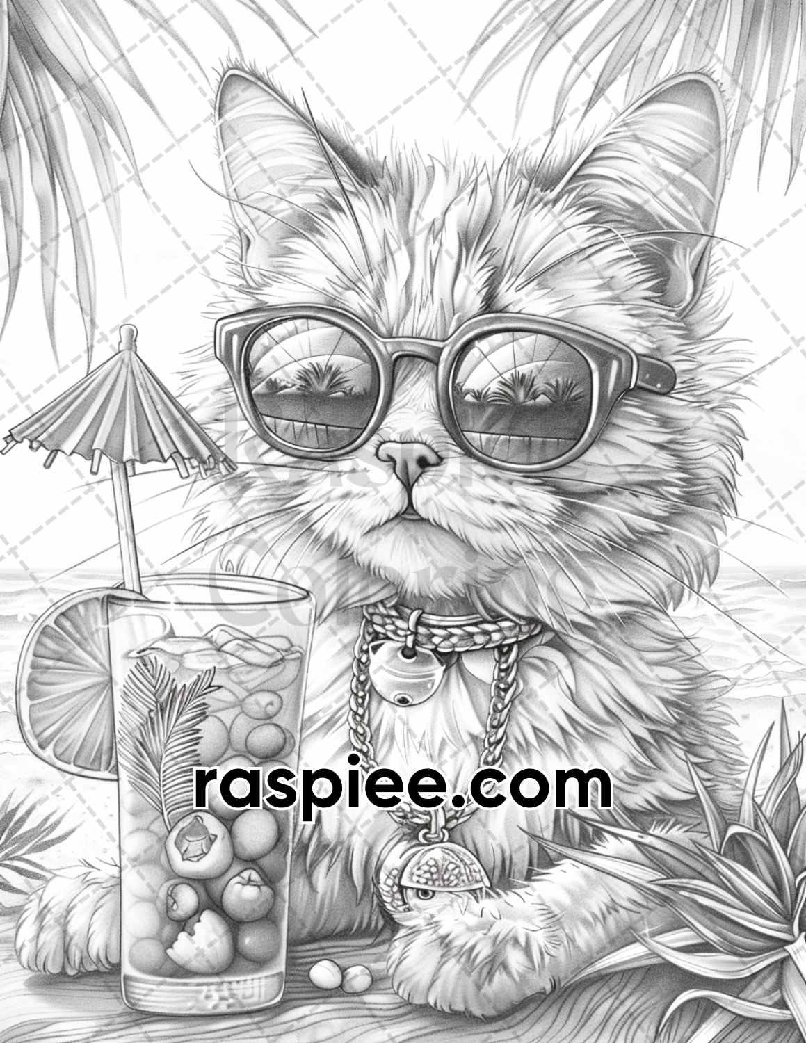 100 Summer Cats Grayscale Adult Coloring Pages, Printable PDF Instant Download