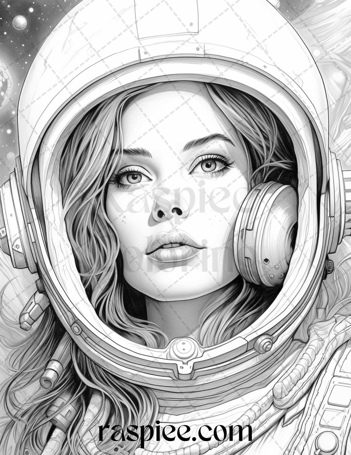 50 Astronaut Girl Portrait Grayscale Coloring Pages Printable for Adults, PDF File Instant Download