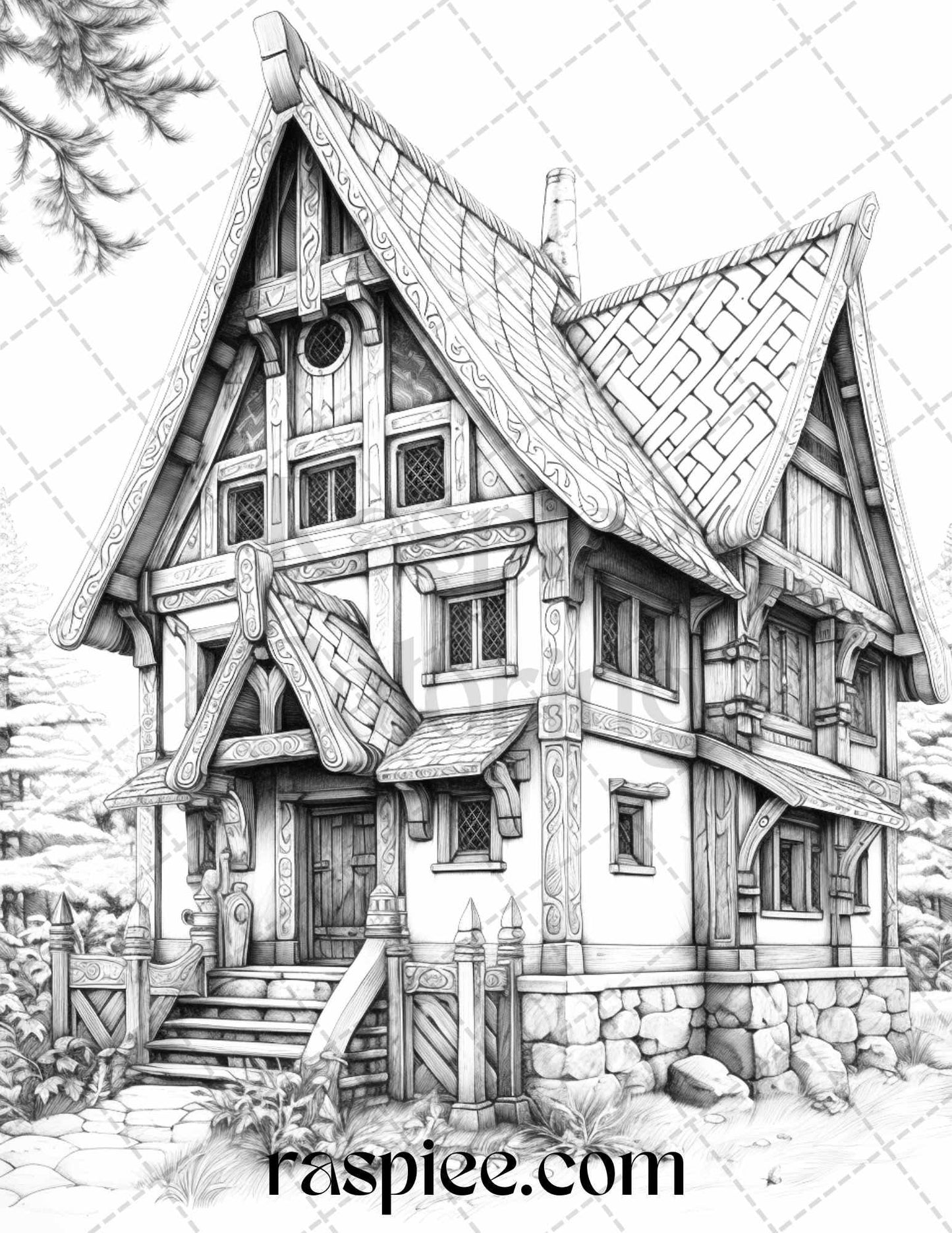 40 Viking Houses Grayscale Coloring Pages Printable for Adults, PDF File Instant Download