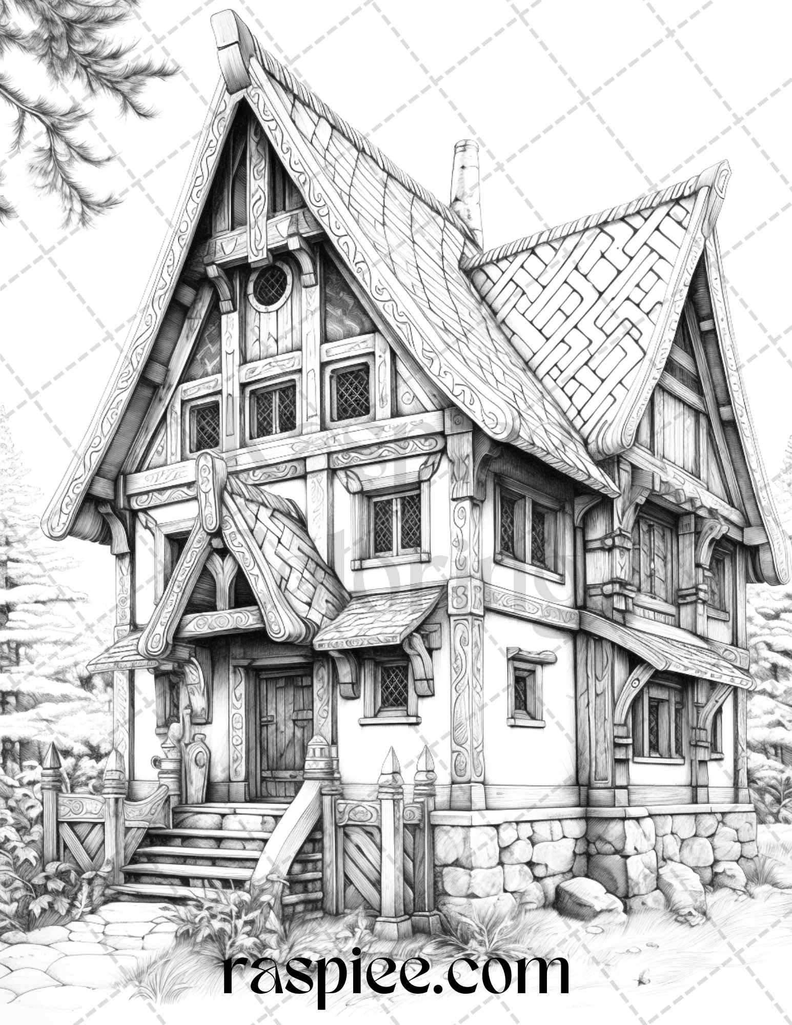 40 Viking Houses Grayscale Coloring Pages Printable for Adults, PDF File Instant Download