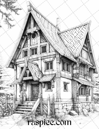 40 Viking Houses Grayscale Coloring Pages Printable for Adults, PDF File Instant Download